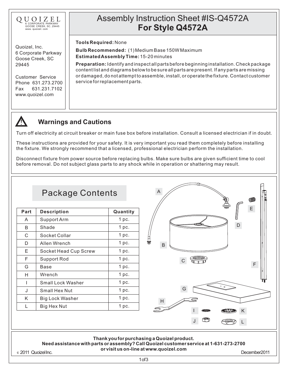 Quoizel Q4572A Zen User Manual | 3 pages