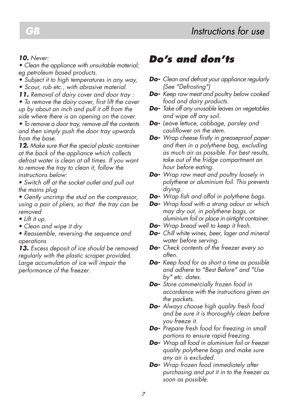 Instructions for use gb, Do’s and don’ts | Beko BK 8182 User Manual | Page 11 / 18