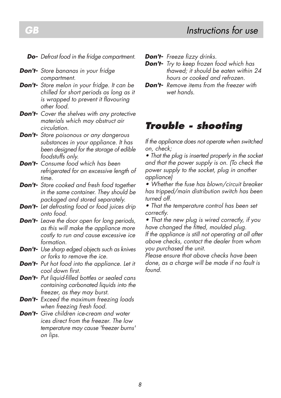 Instructions for use gb, Trouble - shooting | Beko BK 8182 User Manual | Page 12 / 18