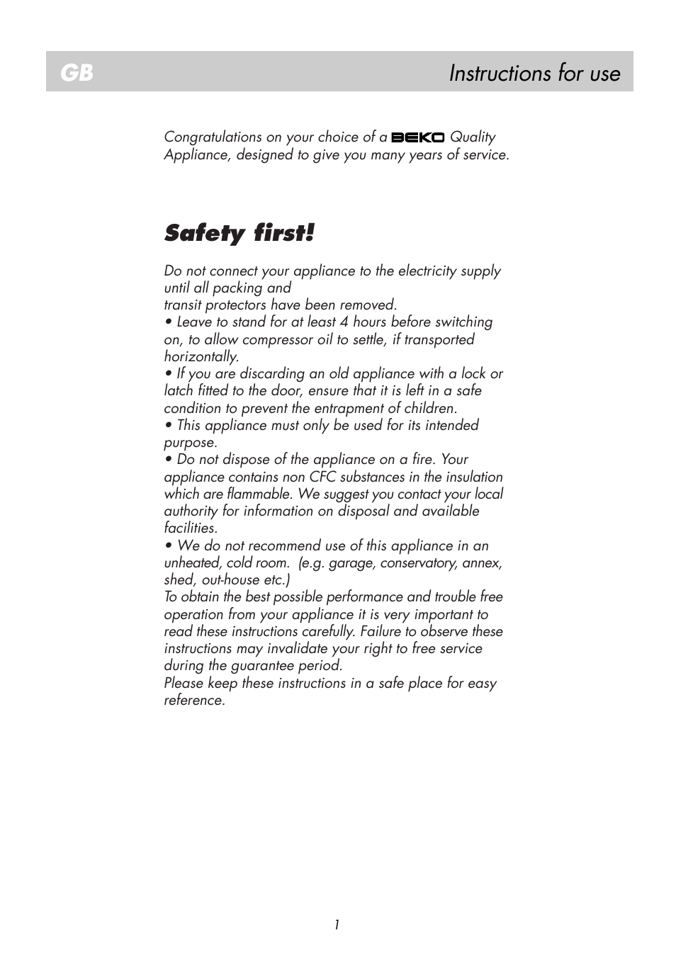 Instructions for use gb, Safety first | Beko BK 8182 User Manual | Page 5 / 18