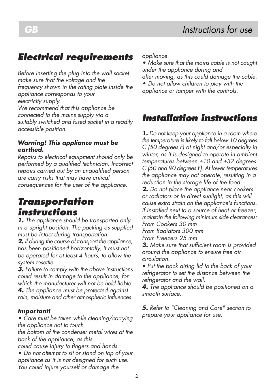 Instructions for use gb, Electrical requirements, Transportation instructions | Installation instructions | Beko BK 8182 User Manual | Page 6 / 18