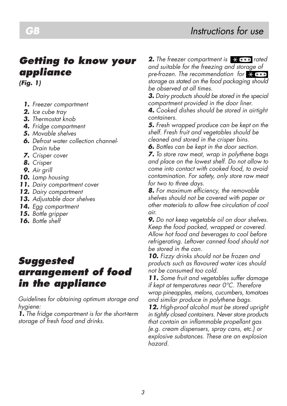 Instructions for use gb, Suggested arrangement of food in the appliance, Getting to know your appliance | Beko BK 8182 User Manual | Page 7 / 18