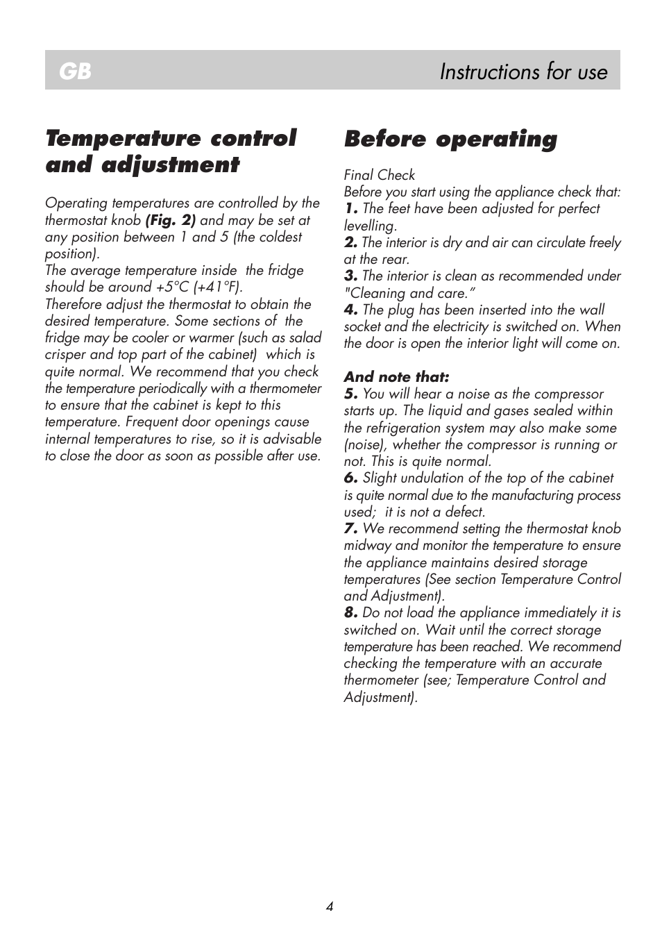 Instructions for use gb, Temperature control and adjustment, Before operating | Beko BK 8182 User Manual | Page 8 / 18