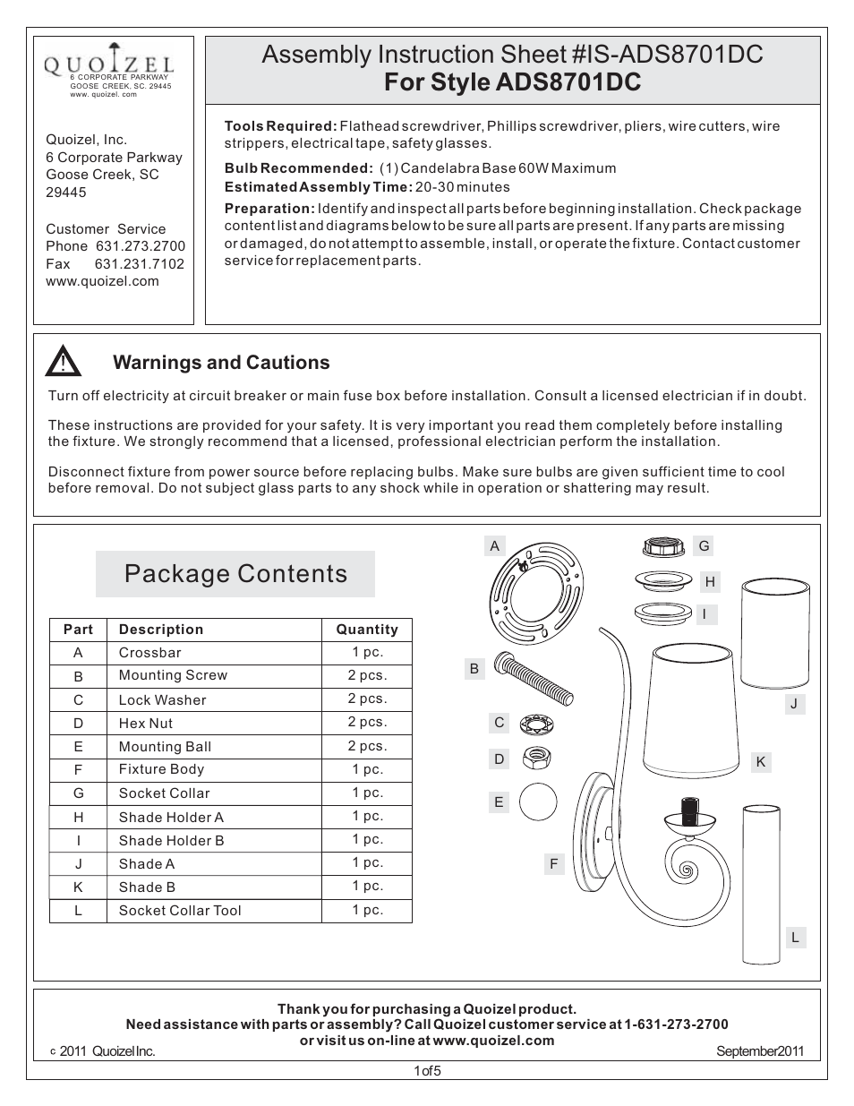 Quoizel ADS8701DC Adonis User Manual | 5 pages