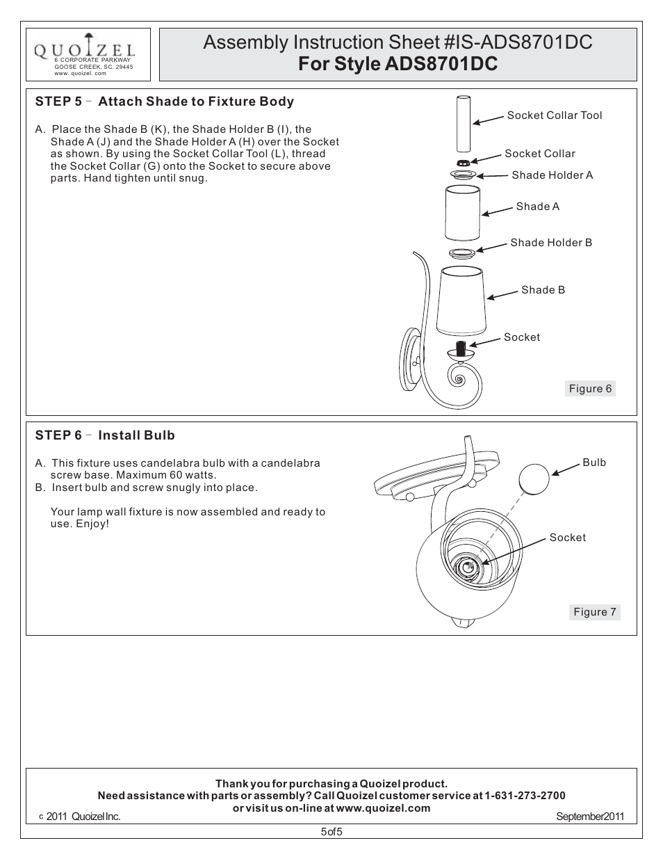 Quoizel ADS8701DC Adonis User Manual | Page 5 / 5