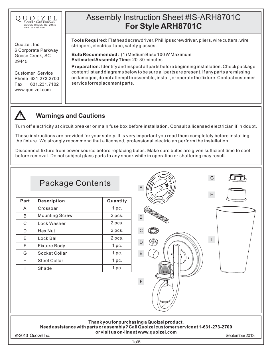 Quoizel ARH8701C Aldrich User Manual | 5 pages