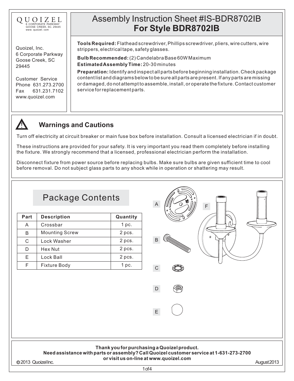 Quoizel BDR8702IB Bandelier User Manual | 4 pages