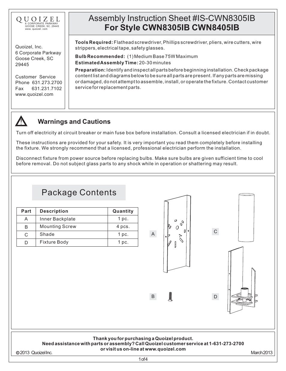 Quoizel CWN8305IB Carwyn User Manual | 4 pages