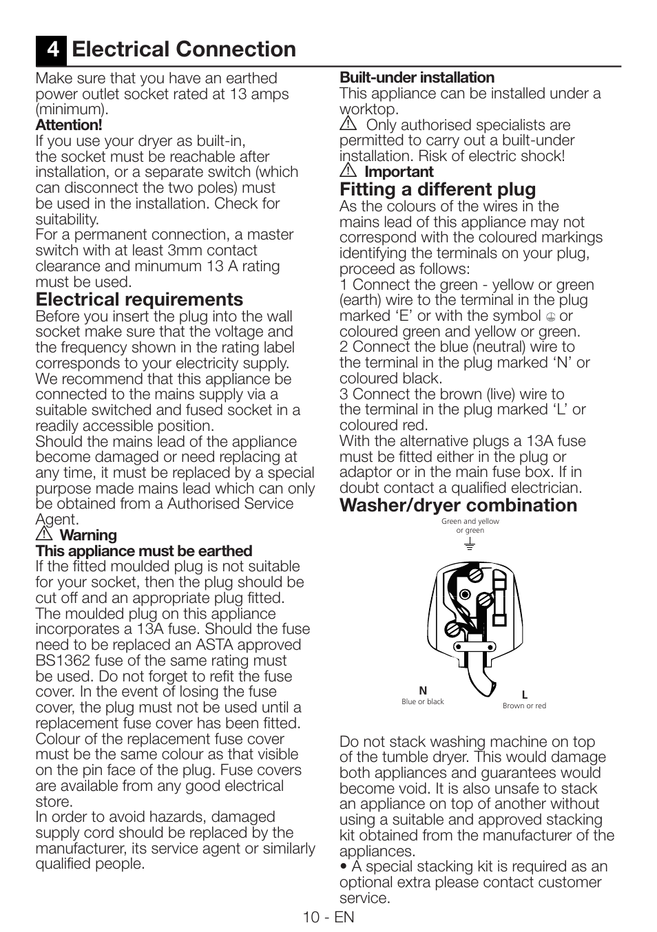 4electrical connection, Electrical requirements, Fitting a different plug | Washer/dryer combination | Beko DRCS 76 W User Manual | Page 10 / 28