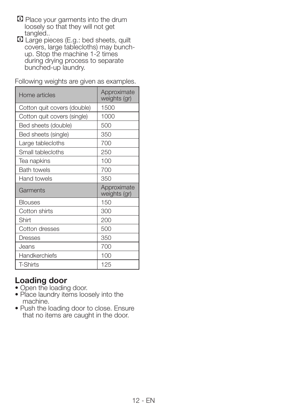 Loading door | Beko DRCS 76 W User Manual | Page 12 / 28