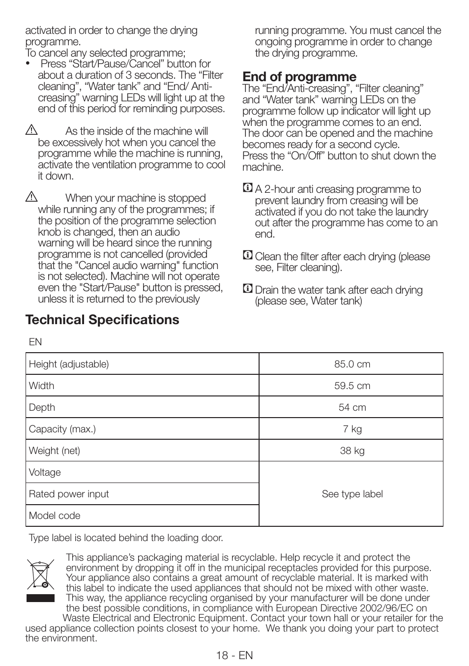 Technical specifications, End of programme | Beko DRCS 76 W User Manual | Page 18 / 28