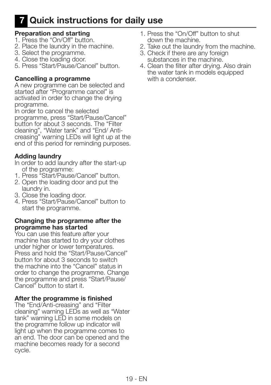 7quick instructions for daily use | Beko DRCS 76 W User Manual | Page 19 / 28