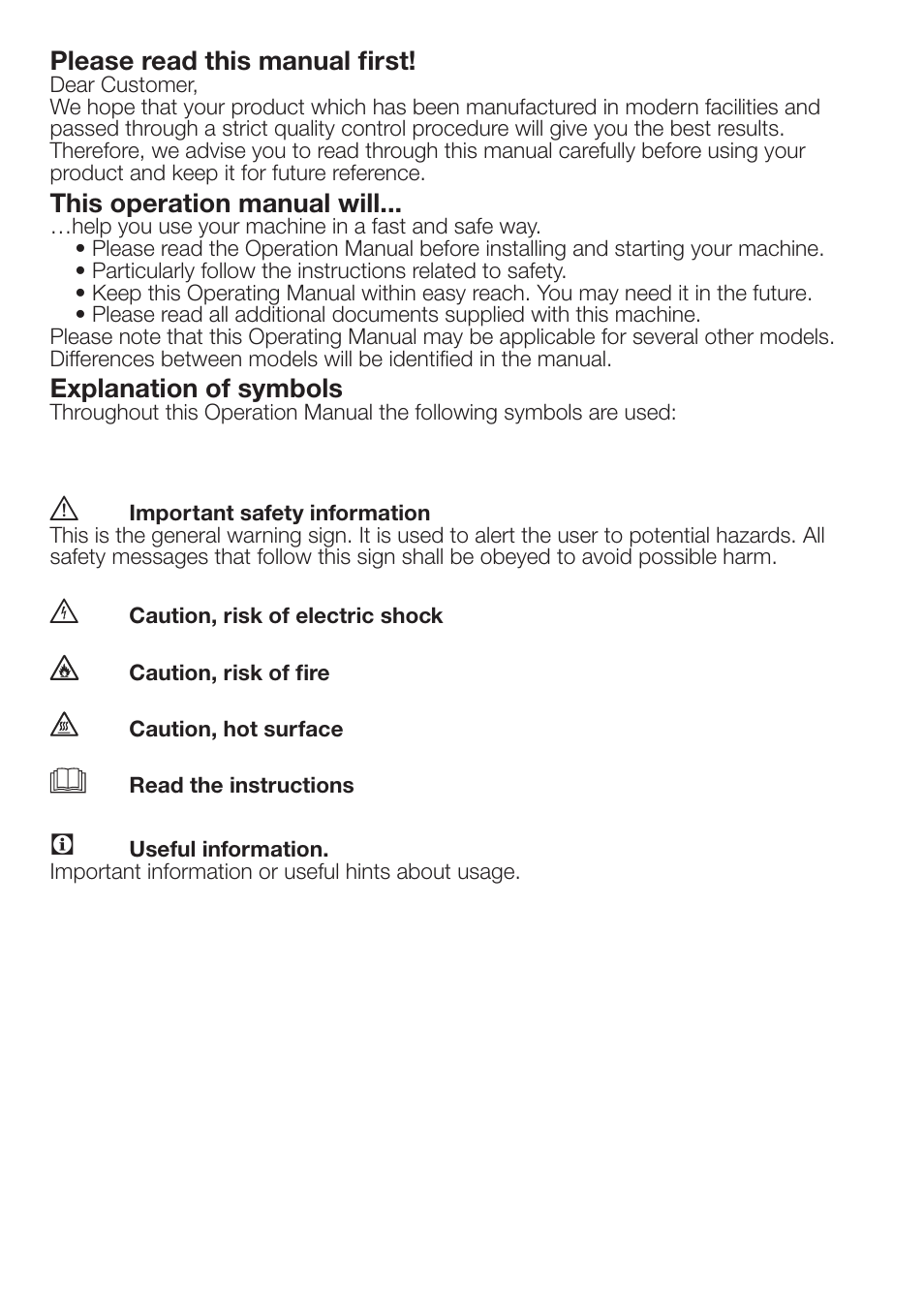 Please read this manual first, This operation manual will, Explanation of symbols | Beko DRCS 76 W User Manual | Page 2 / 28