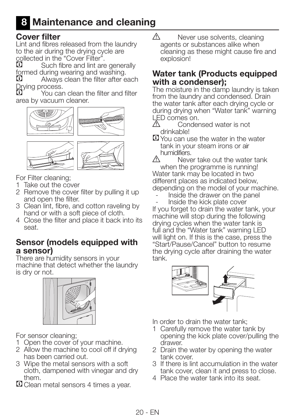 8maintenance and cleaning, Water tank (products equipped with a condenser), Cover filter | Sensor (models equipped with a sensor) | Beko DRCS 76 W User Manual | Page 20 / 28