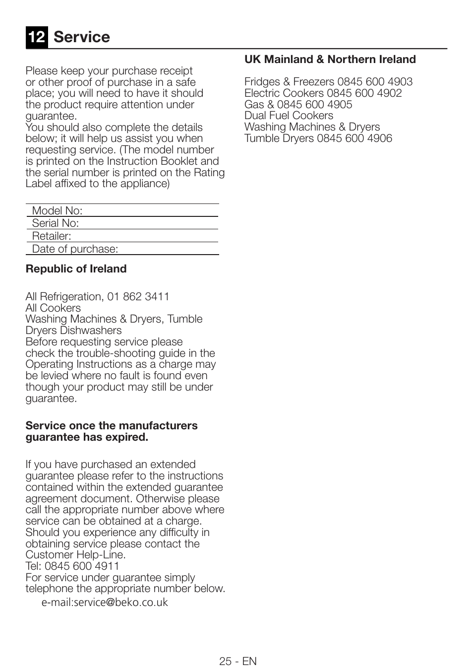 12 service | Beko DRCS 76 W User Manual | Page 25 / 28