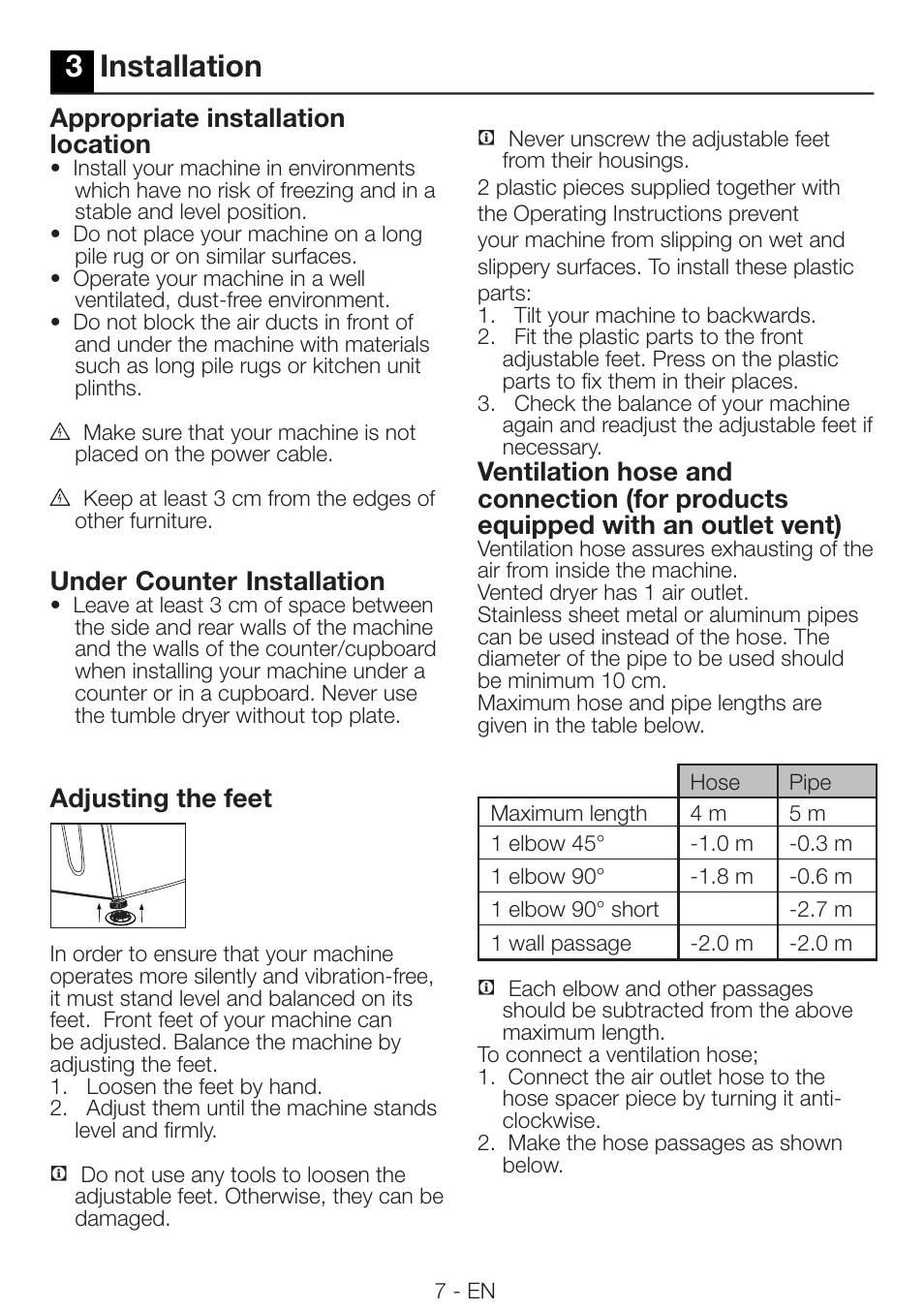 3installation, Appropriate installation location, Under | Counter, Installation, Adjusting the feet | Beko DRCS 76 W User Manual | Page 7 / 28