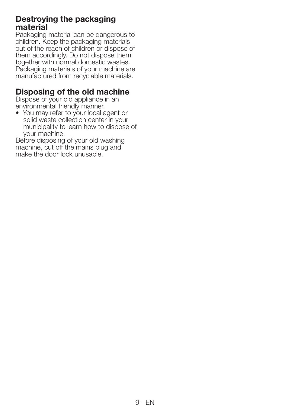 Destroying the packaging material, Disposing of the old machine | Beko DRCS 76 W User Manual | Page 9 / 28
