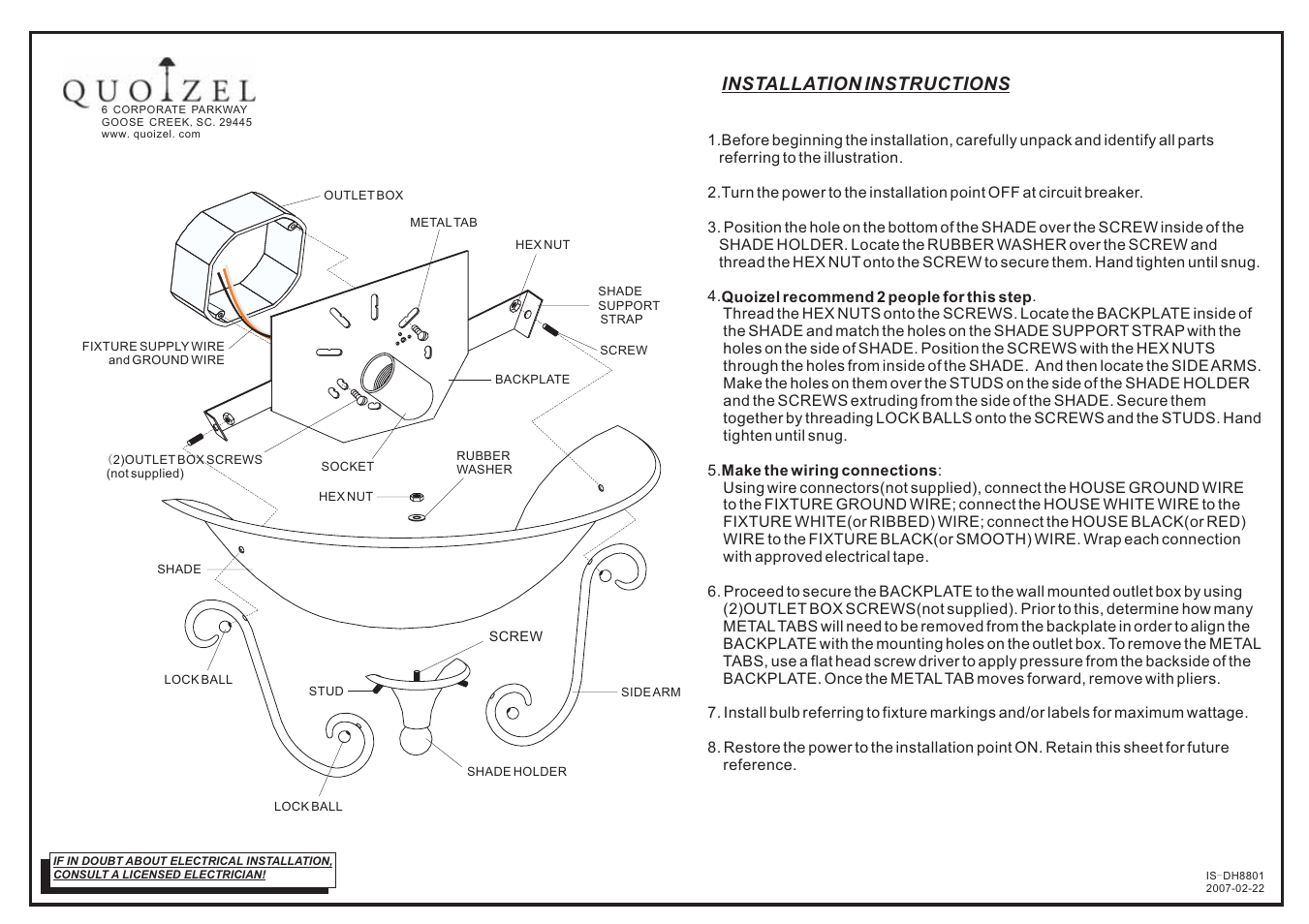 Quoizel DH8801AN Duchess User Manual | 1 page