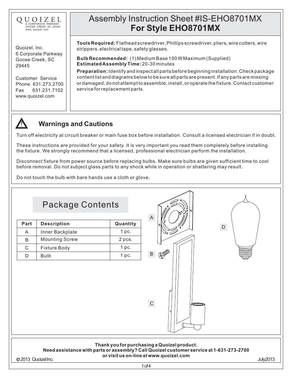 Quoizel EHO8701MX Echo User Manual | 4 pages