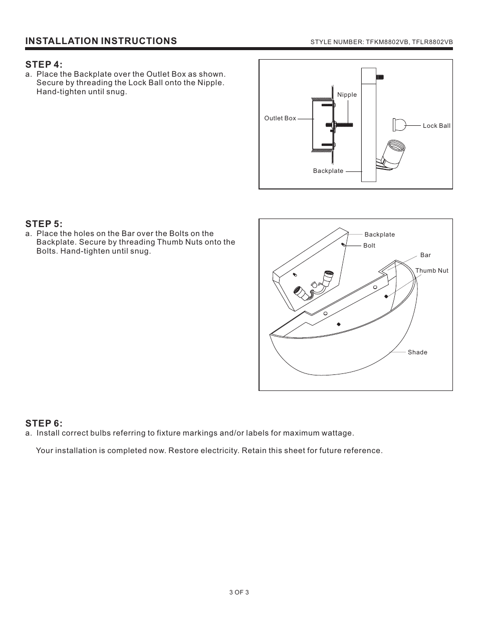 Installation instructions, Step 4, Step 5 | Step 6 | Quoizel TFKM8802VB Kami User Manual | Page 3 / 3
