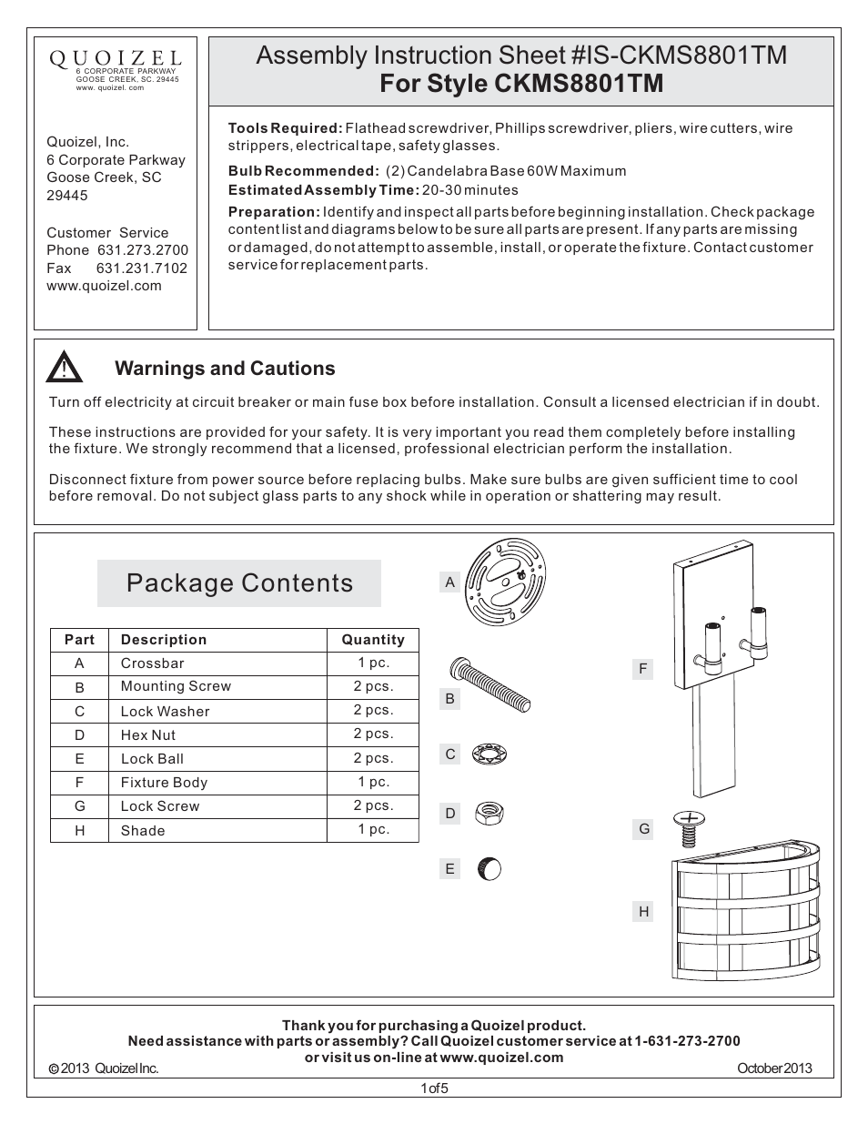 Quoizel CKMS8801TM Marisol User Manual | 5 pages