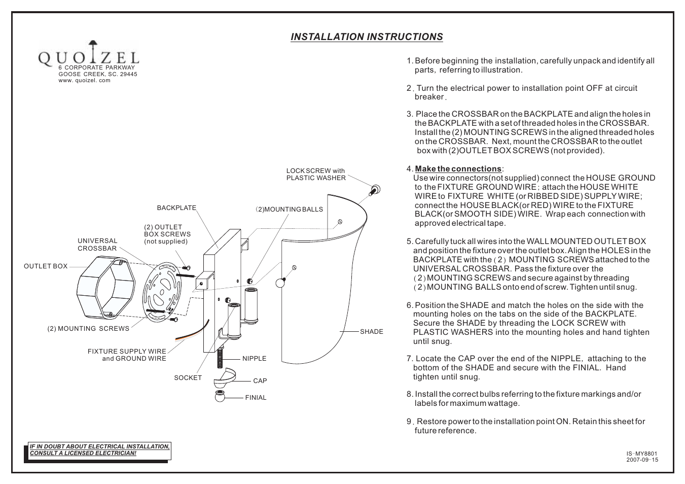 Quoizel MY8801ML Monterey Mosaic User Manual | 1 page