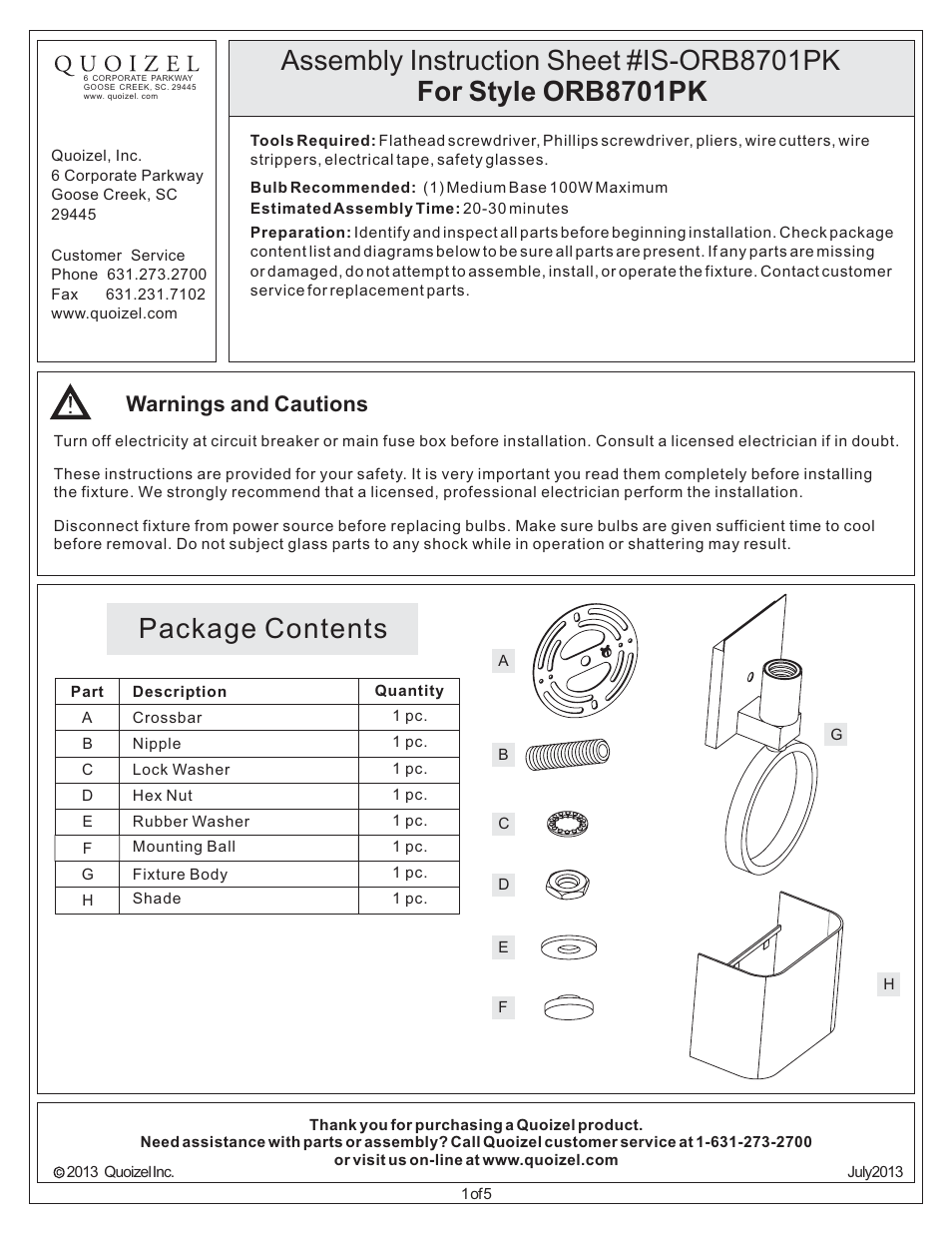 Quoizel ORB8701PK Orbital User Manual | 5 pages