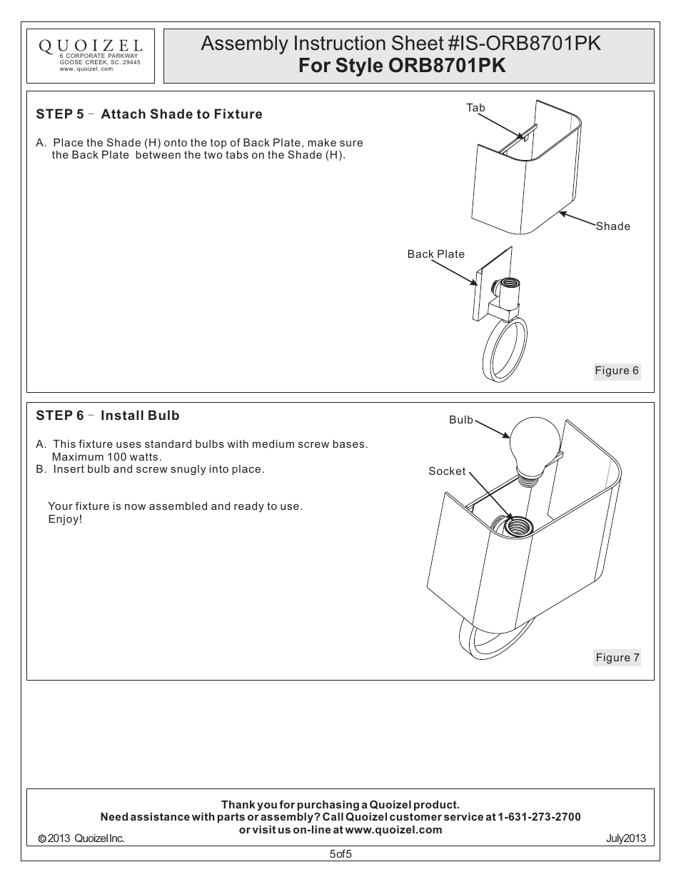 Quoizel ORB8701PK Orbital User Manual | Page 5 / 5