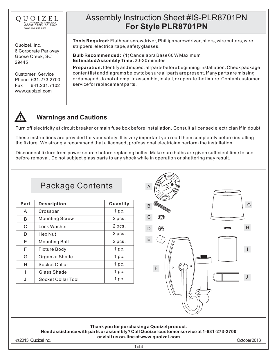 Quoizel PLR8701PN Palmer User Manual | 4 pages