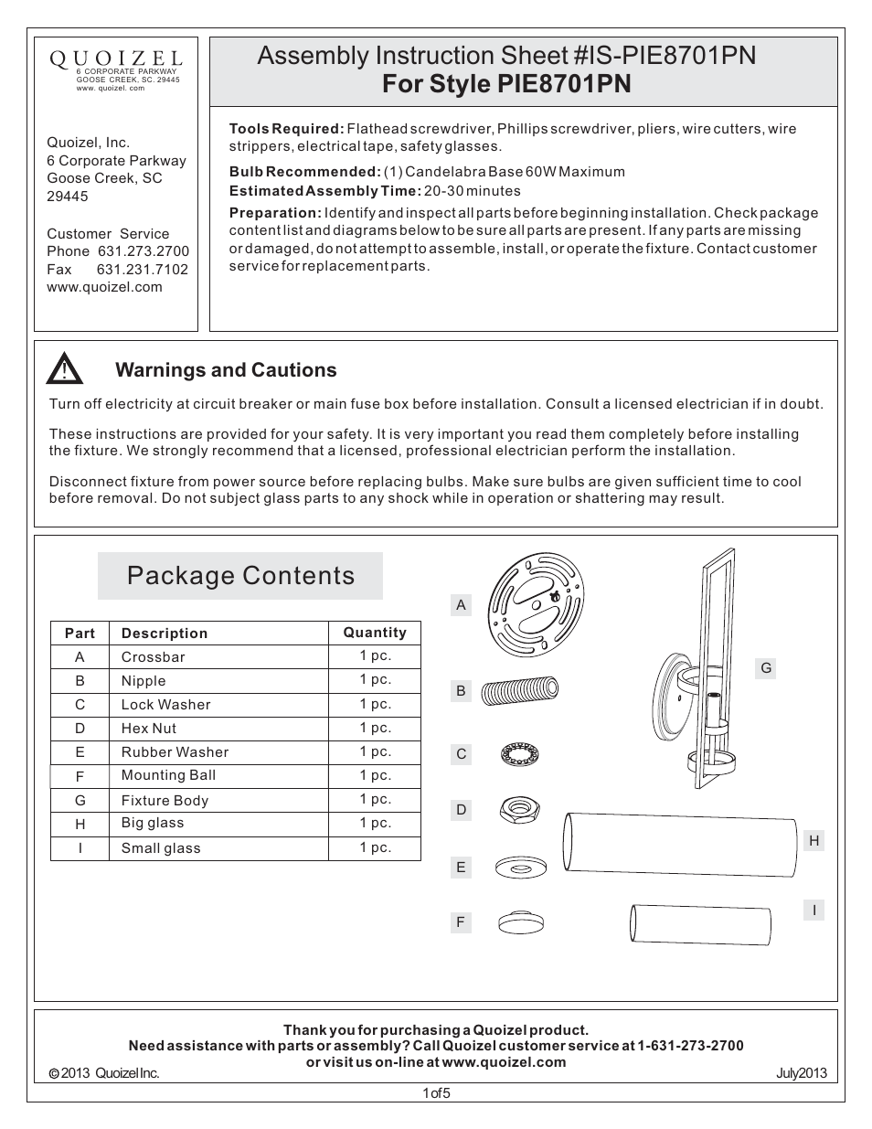 Quoizel PIE8701PN Pier User Manual | 5 pages