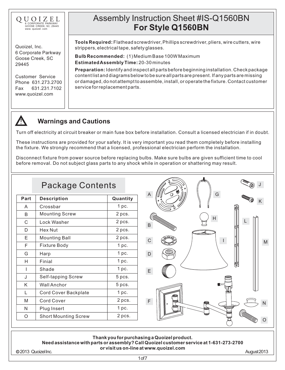 Quoizel Q1560BN Quoizel Portable Lamp User Manual | 7 pages