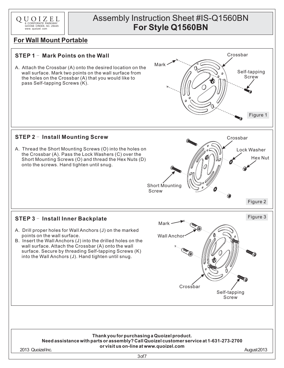 For wall mount portable | Quoizel Q1560BN Quoizel Portable Lamp User Manual | Page 3 / 7