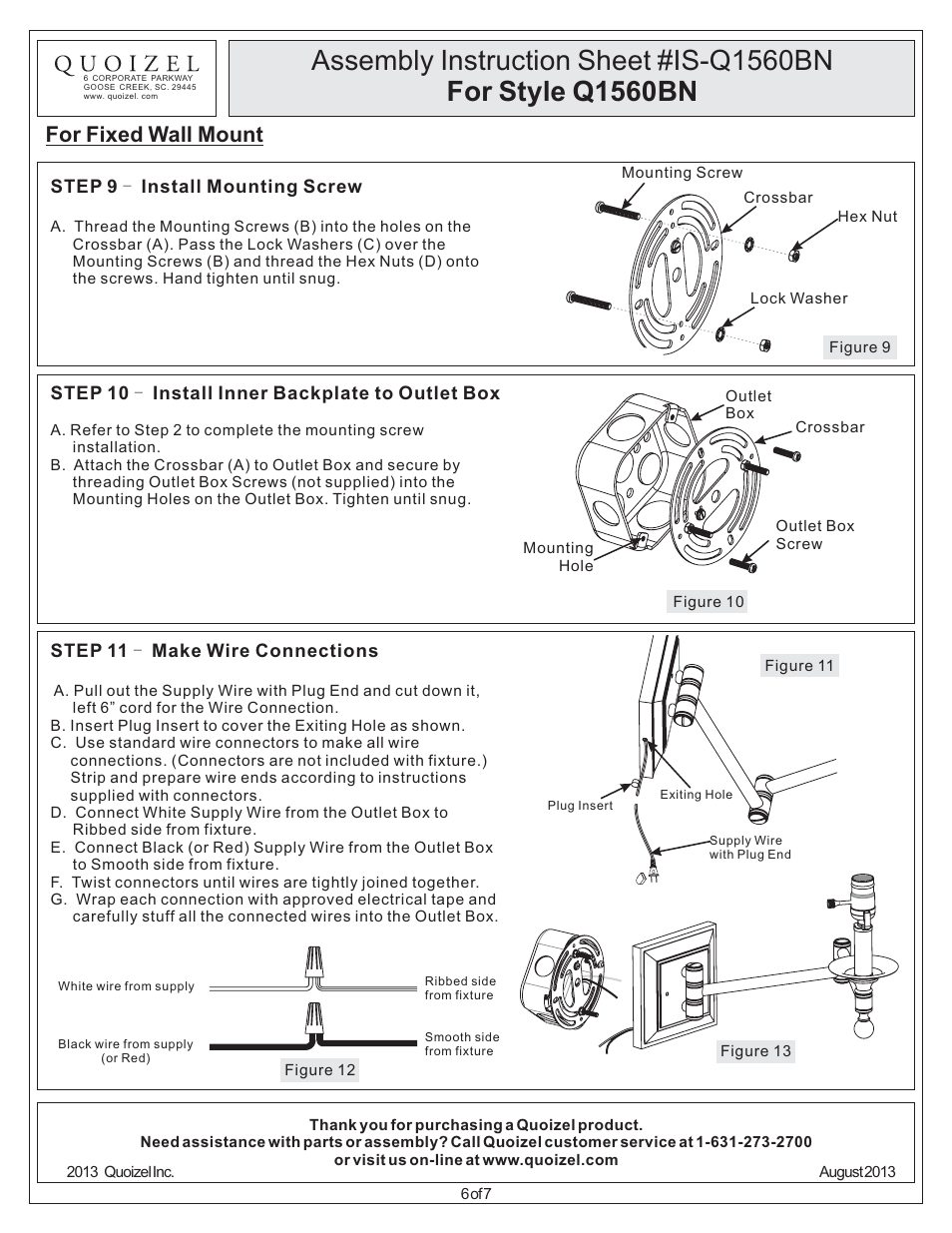 For fixed wall mount | Quoizel Q1560BN Quoizel Portable Lamp User Manual | Page 6 / 7