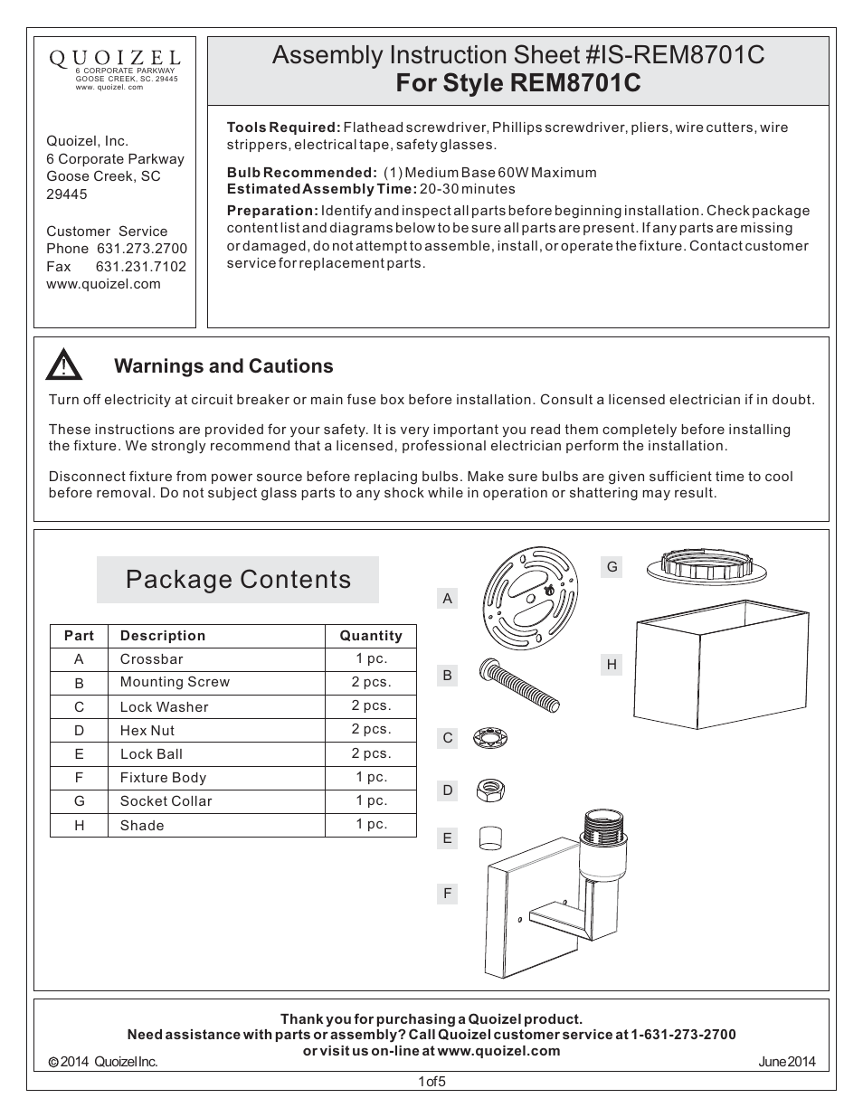 Quoizel REM8701C Remi User Manual | 5 pages