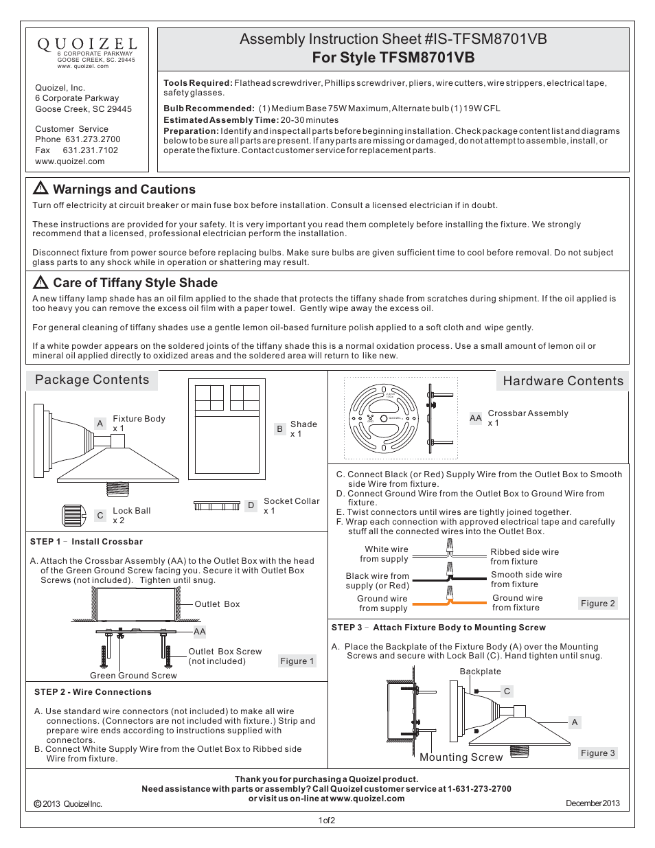 Quoizel TFSM8701VB Samara User Manual | 2 pages