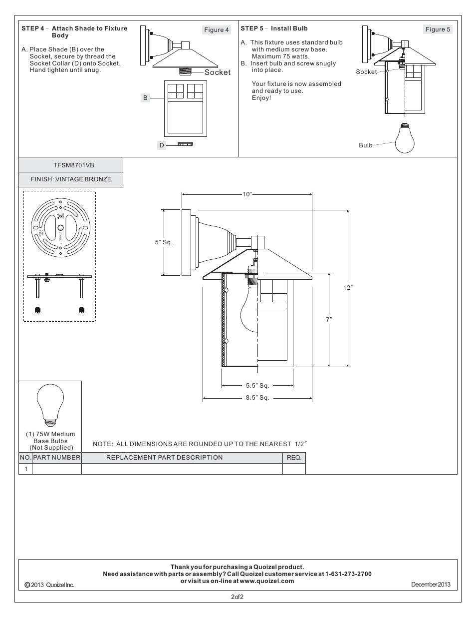 Socket | Quoizel TFSM8701VB Samara User Manual | Page 2 / 2