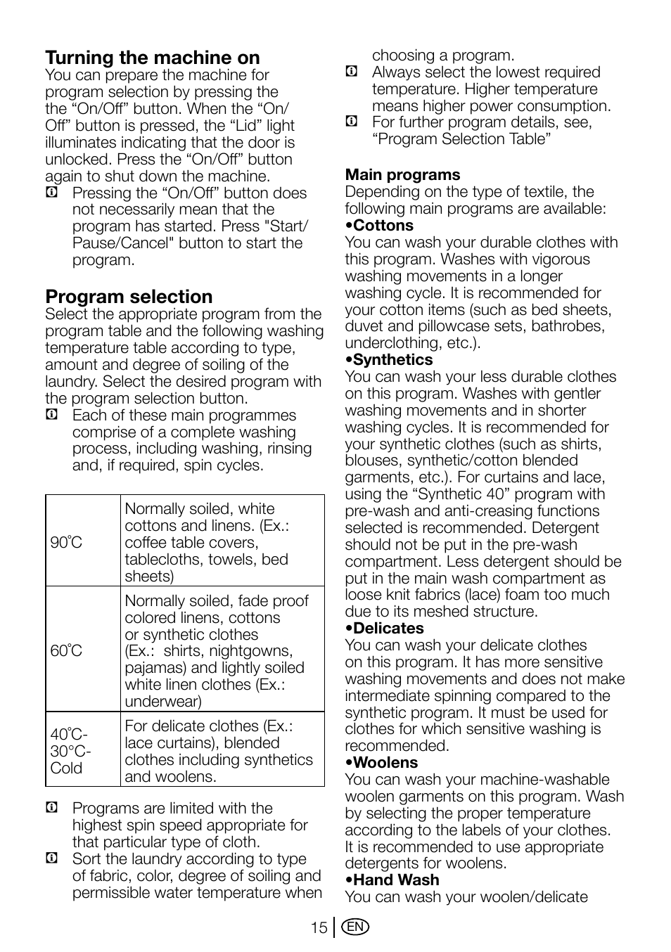 Turning the machine on, Program selection | Beko D1 5062 B User Manual | Page 15 / 32