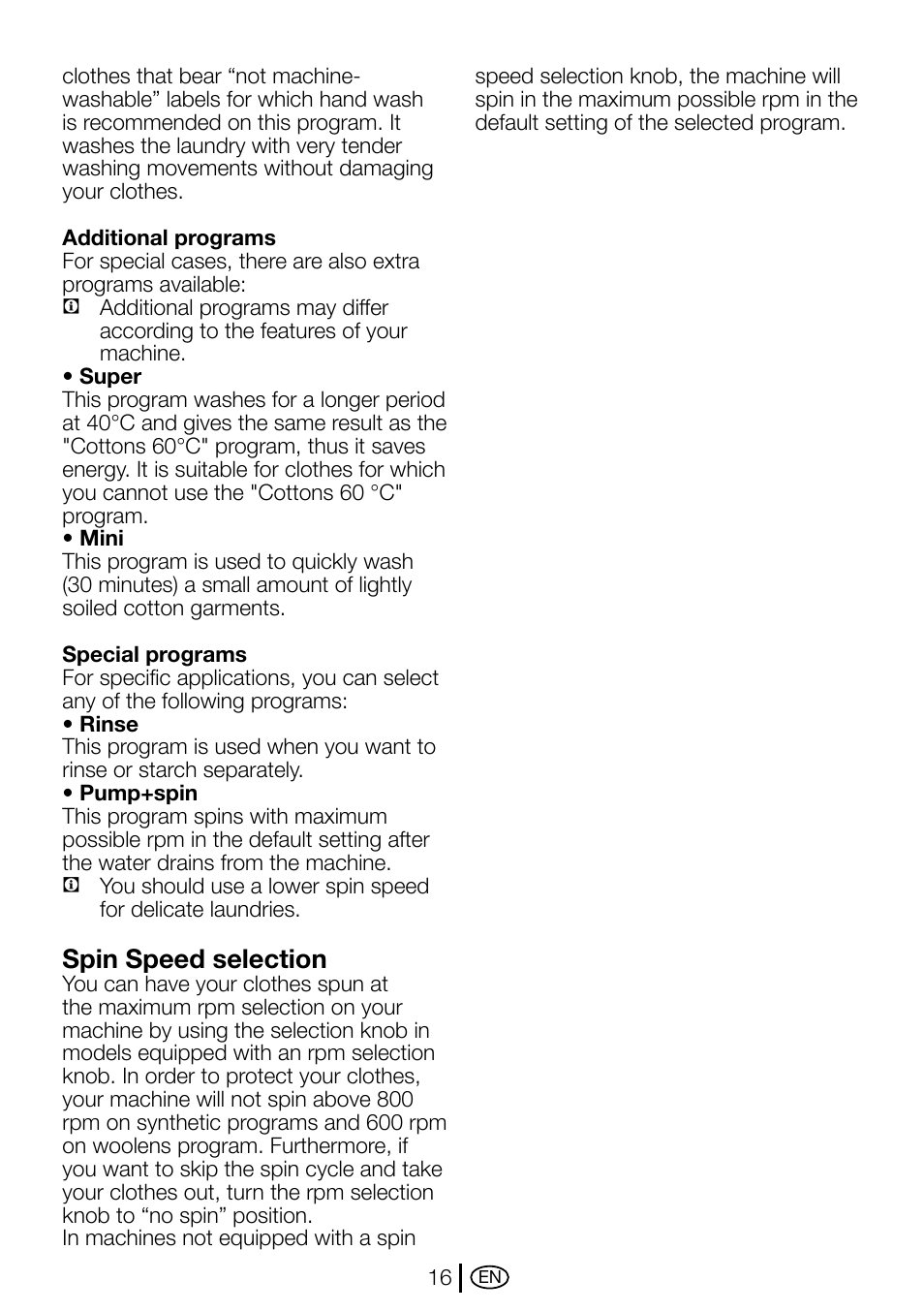 Spin speed selection | Beko D1 5062 B User Manual | Page 16 / 32