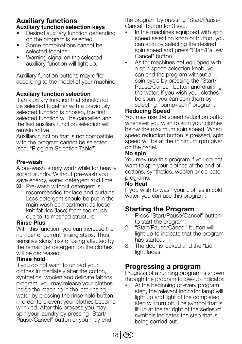 Auxiliary functions, Starting the program, Progressing a program | Beko D1 5062 B User Manual | Page 18 / 32