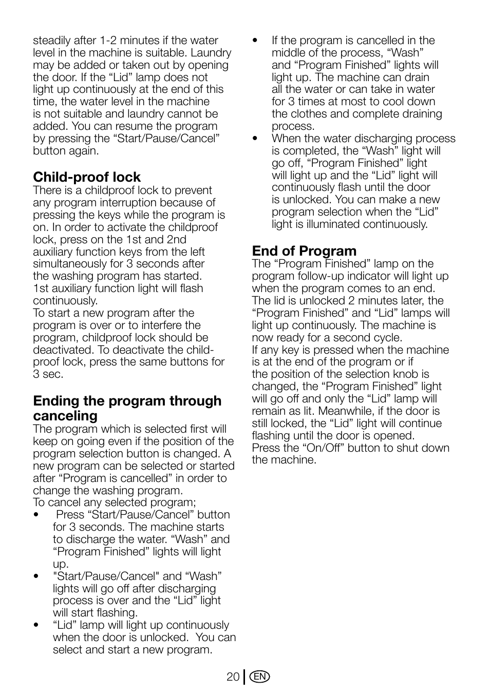 Child-proof lock, Ending the program through canceling, End of program | Beko D1 5062 B User Manual | Page 20 / 32