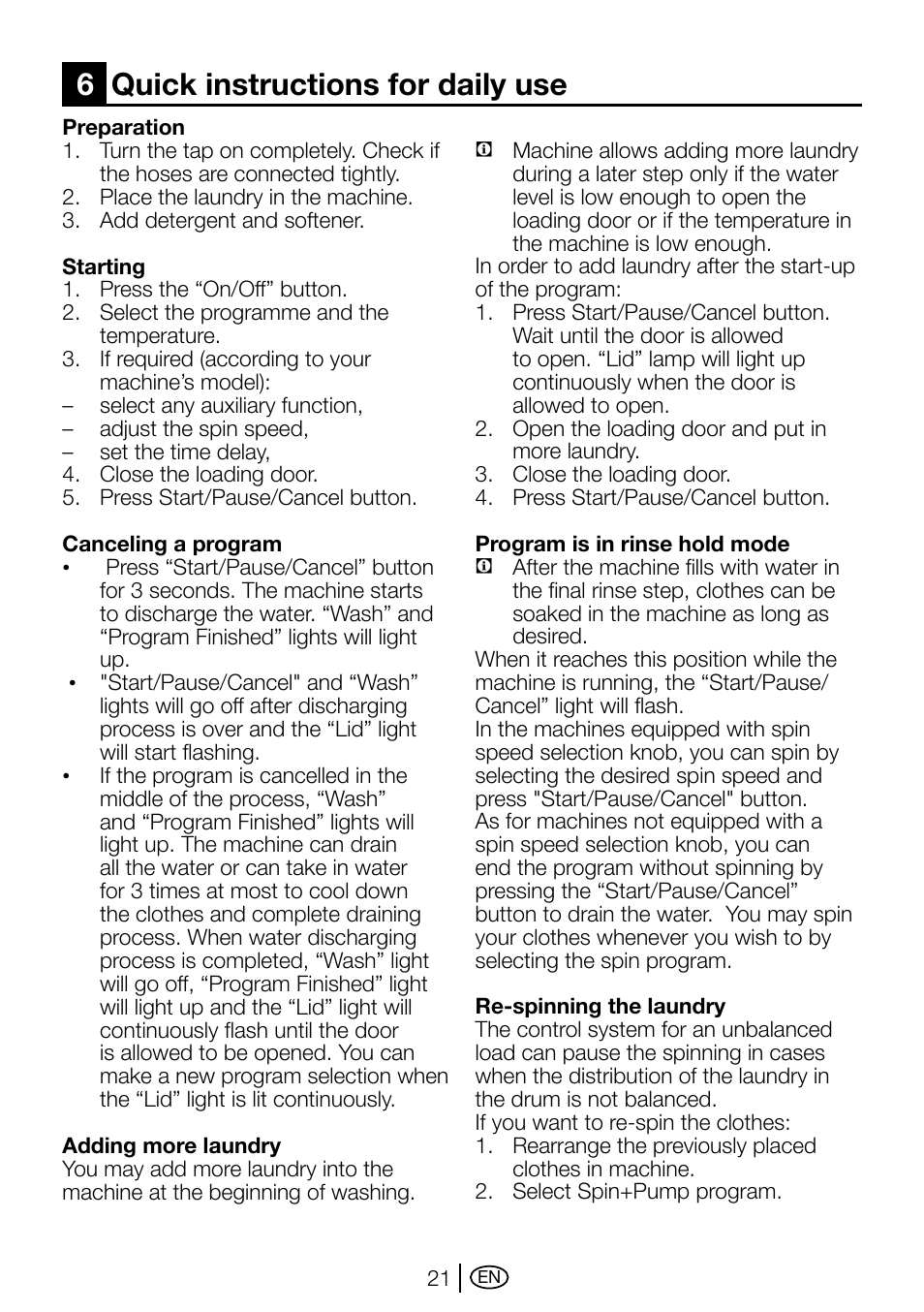 6 quick instructions for daily use, 6quick instructions for daily use | Beko D1 5062 B User Manual | Page 21 / 32