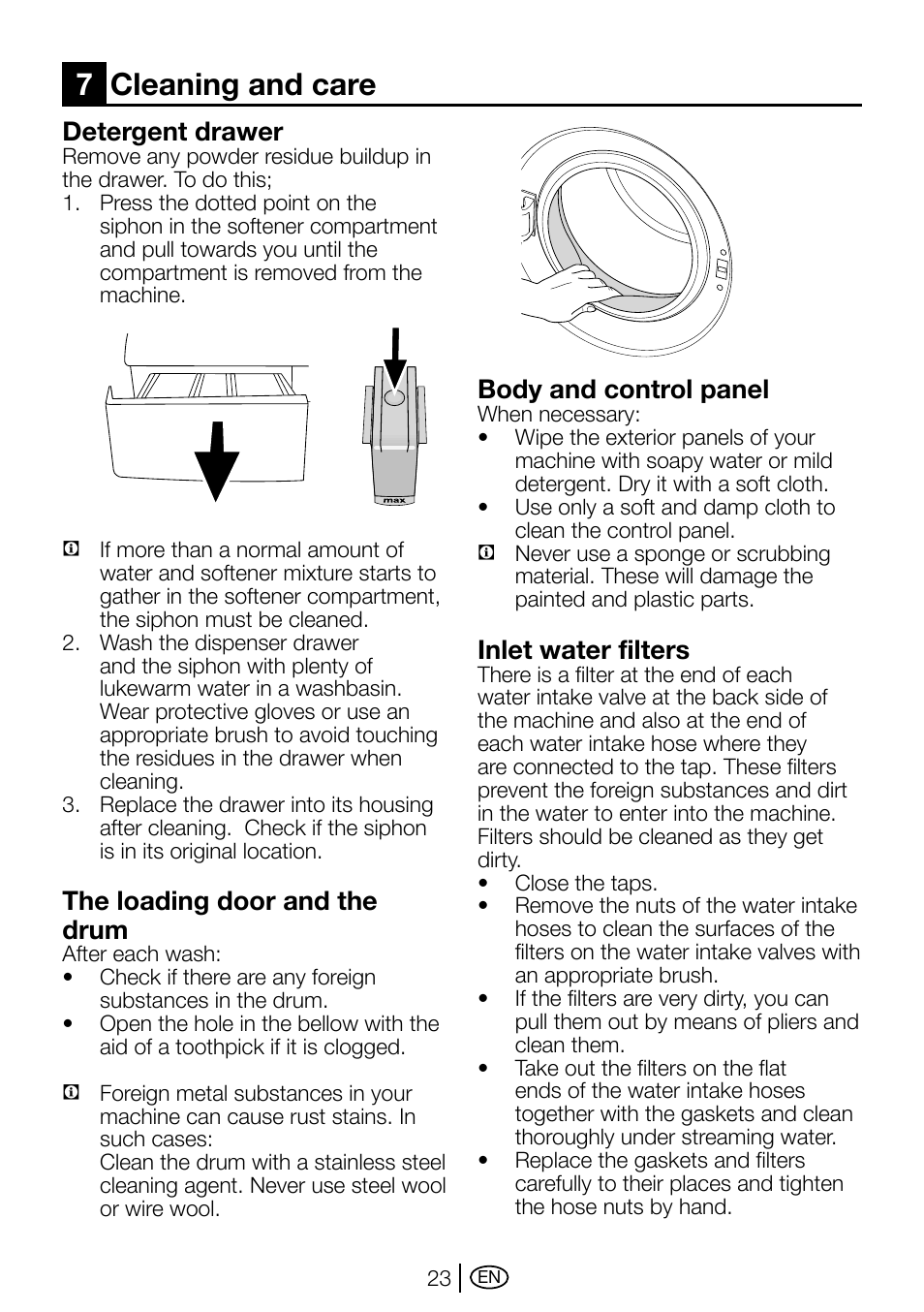 Kullanım ve bakım problemleri için çözüm önerileri, 7 cleaning and care, Detergent drawer | The loading door and the drum, Body and control panel, Inlet water filters, 7cleaning and care | Beko D1 5062 B User Manual | Page 23 / 32
