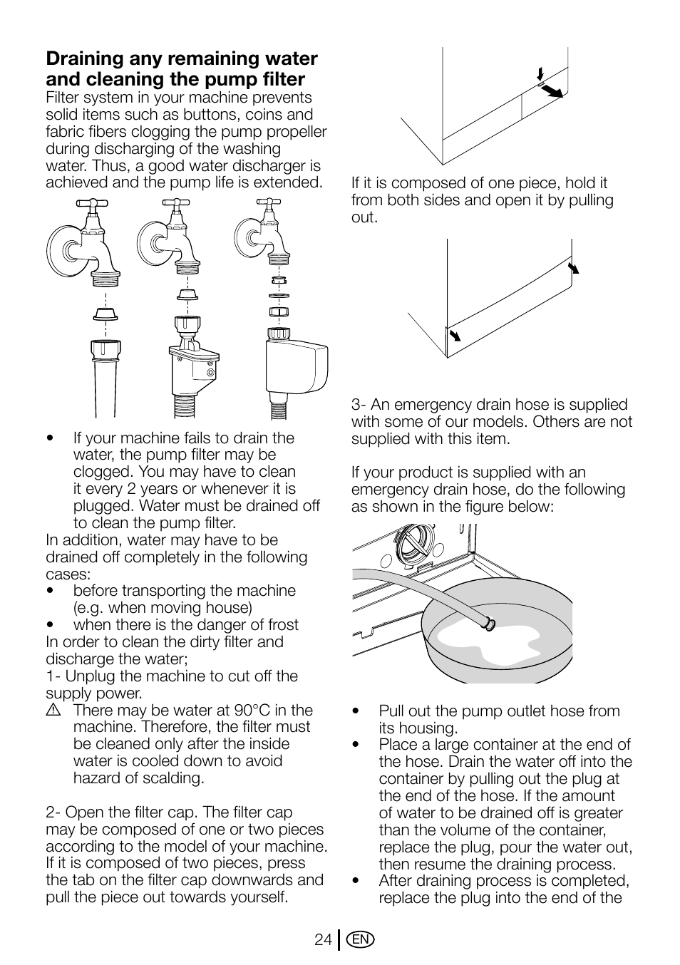 Draining any remaining water and, Cleaning the pump filter | Beko D1 5062 B User Manual | Page 24 / 32