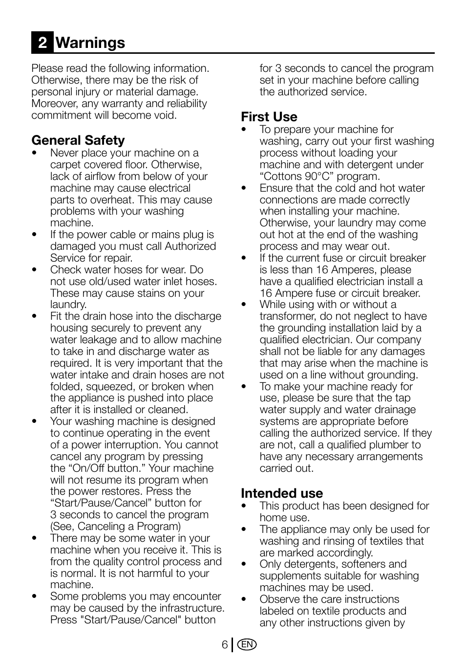 2 warnings, General safety, First use | Intended use, 2warnings | Beko D1 5062 B User Manual | Page 6 / 32