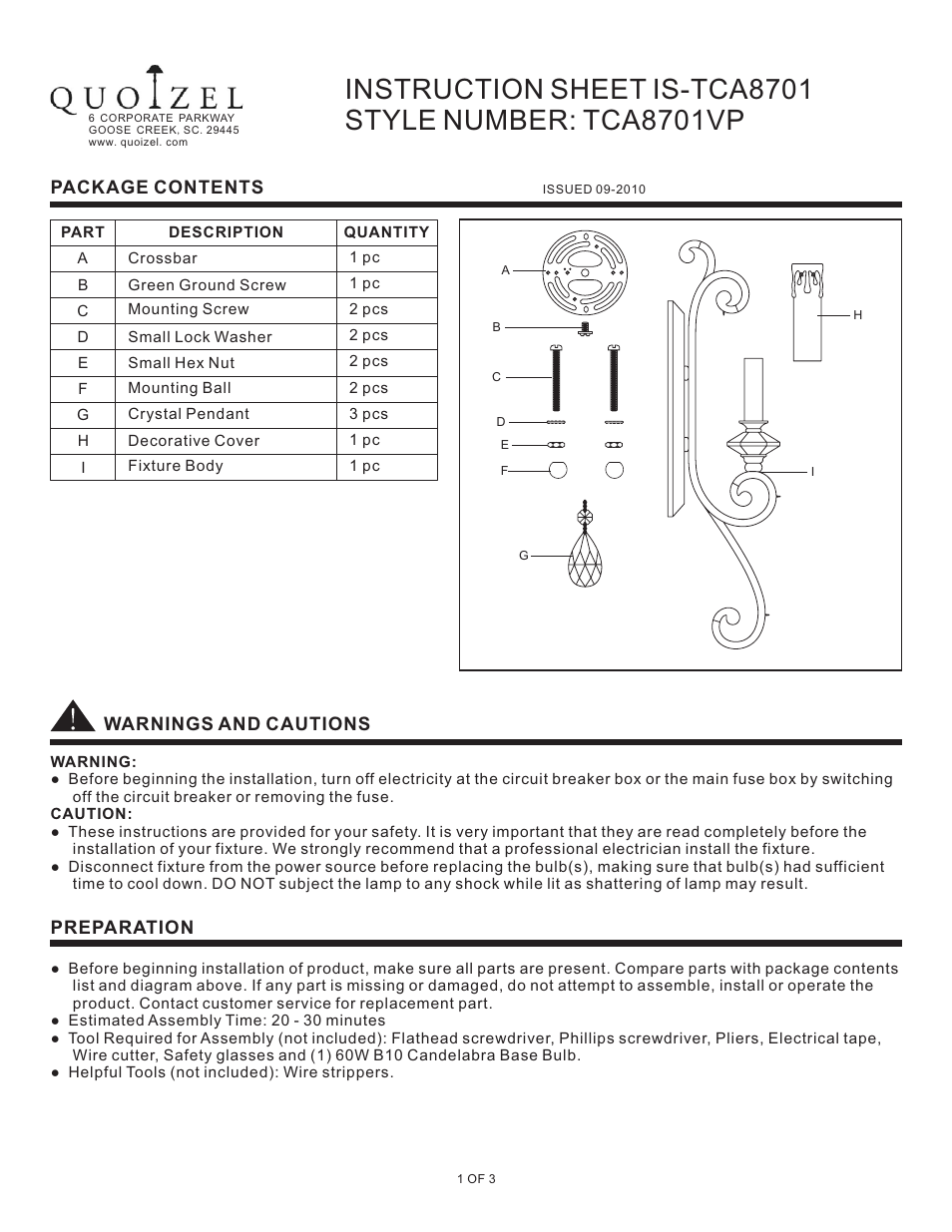 Quoizel TCA8701VP Tricia User Manual | 3 pages