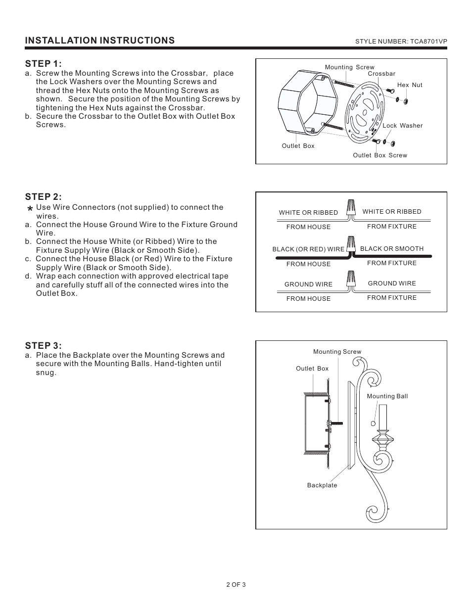 Installation instructions, Step 1, Step 2 | Step 3 | Quoizel TCA8701VP Tricia User Manual | Page 2 / 3