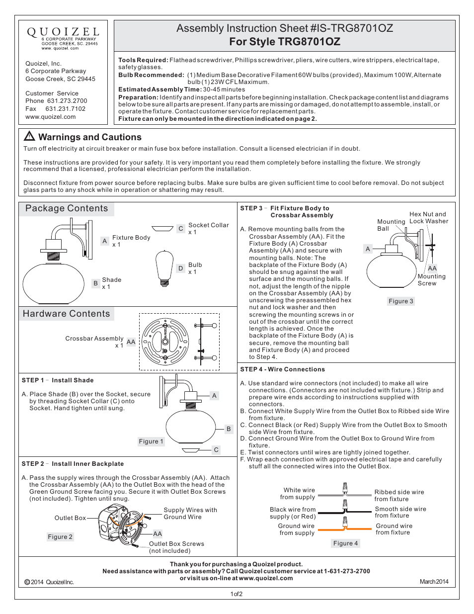 Quoizel TRG8701OZ Trilogy User Manual | 2 pages