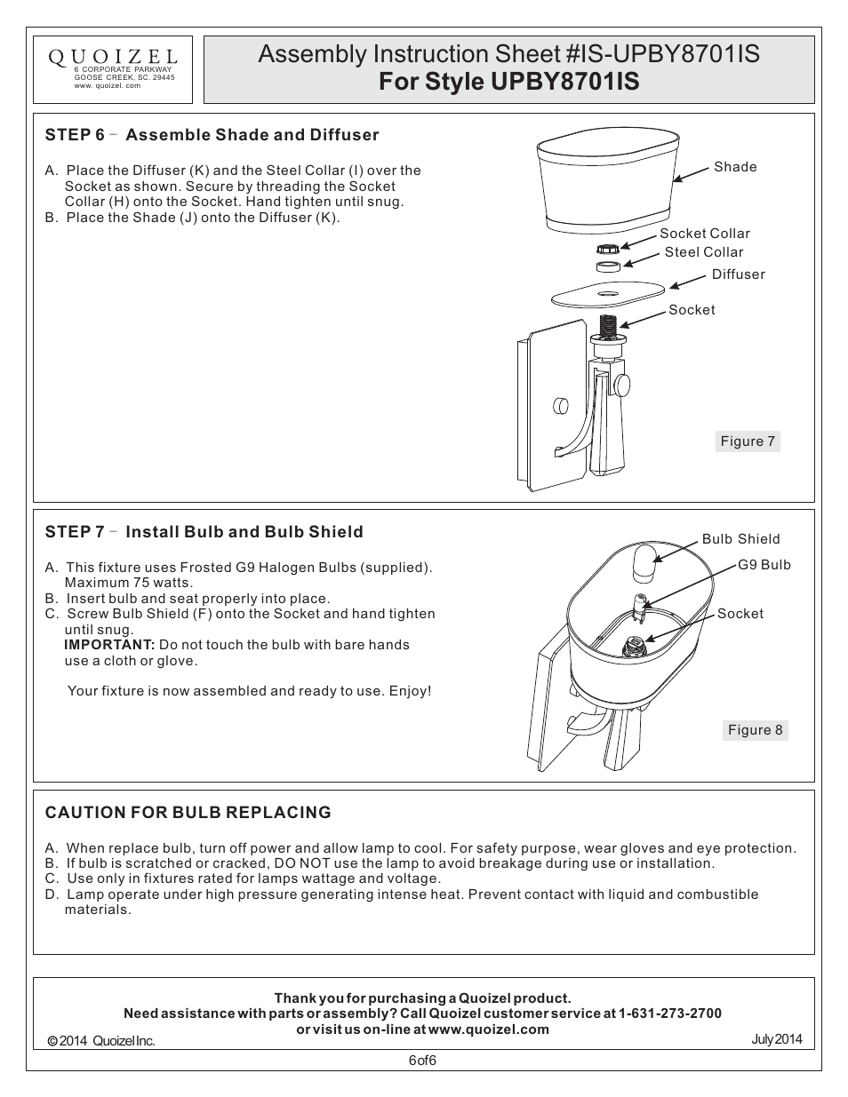 Quoizel UPBY8701IS Uptown Bowery User Manual | Page 6 / 6