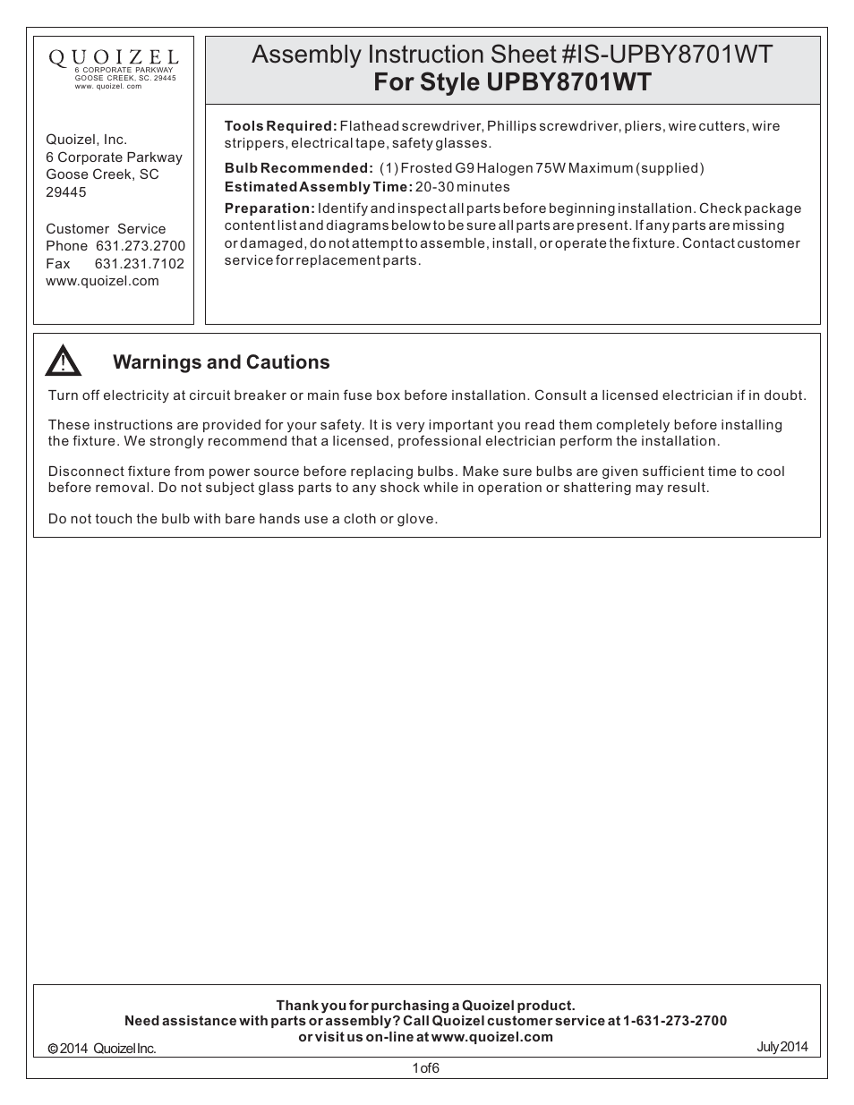 Quoizel UPBY8701WT Uptown Bowery User Manual | 6 pages