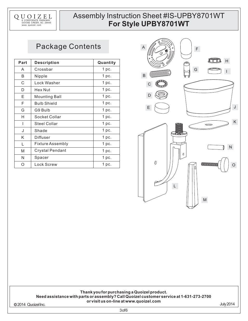 Package contents | Quoizel UPBY8701WT Uptown Bowery User Manual | Page 3 / 6
